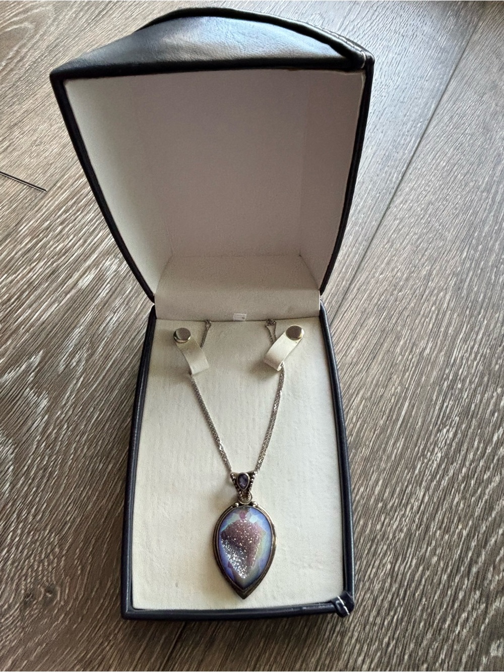 Sterling Silver Teardrop Druzy Pendant Necklace in Purple
